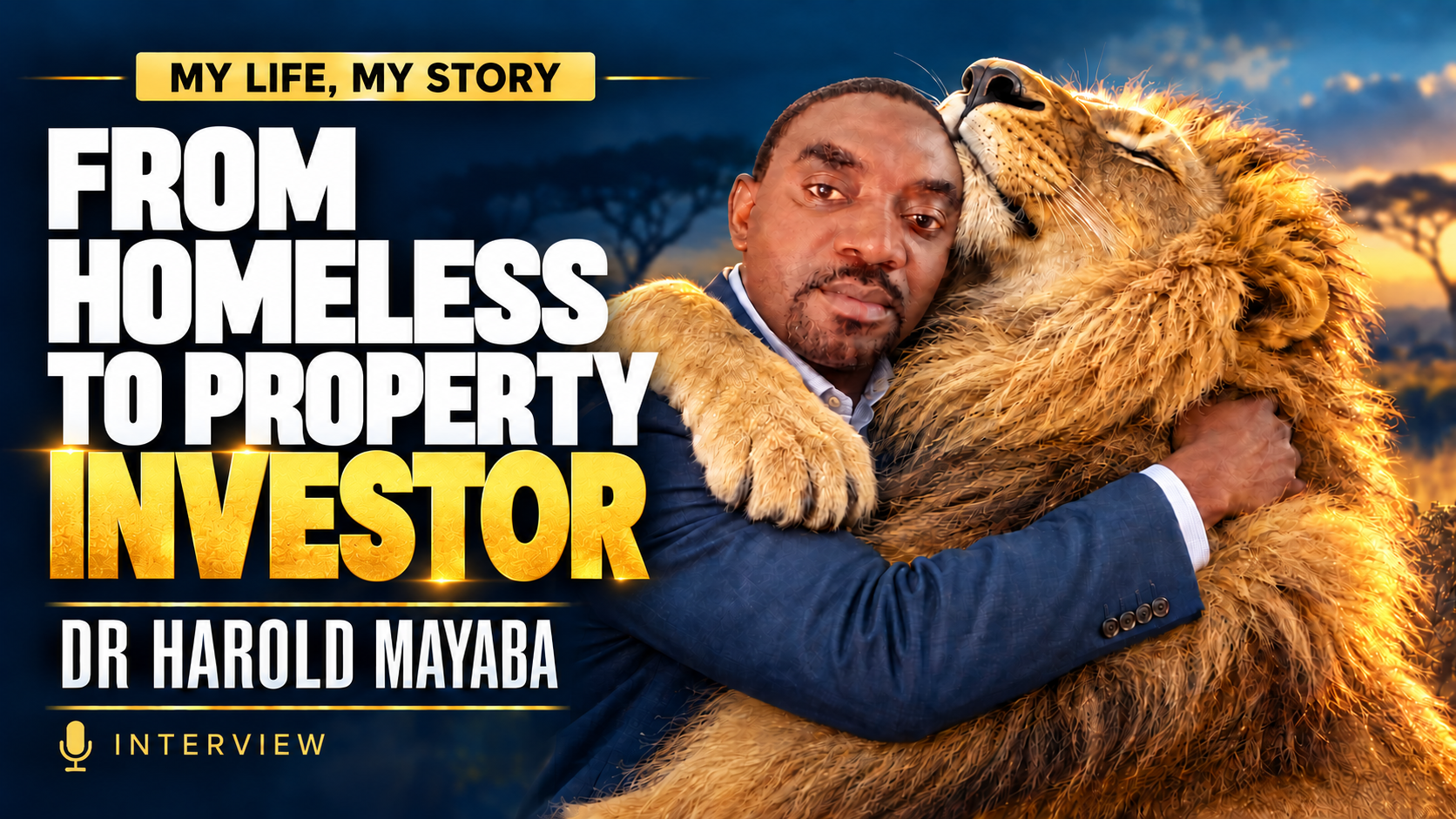 Illustrated artwork of Dr Harold Mayaba hugging a lion, with the headline From Homeless to Property Investor.