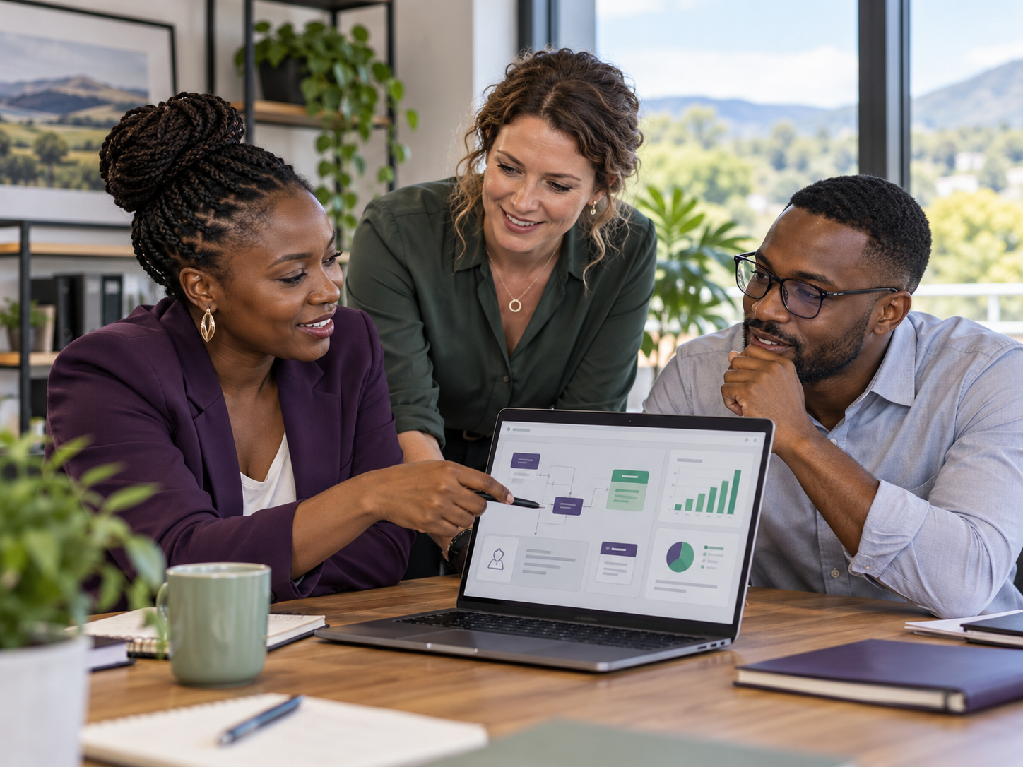 Conceptual image of business professionals reviewing an AI-supported workflow on a laptop.